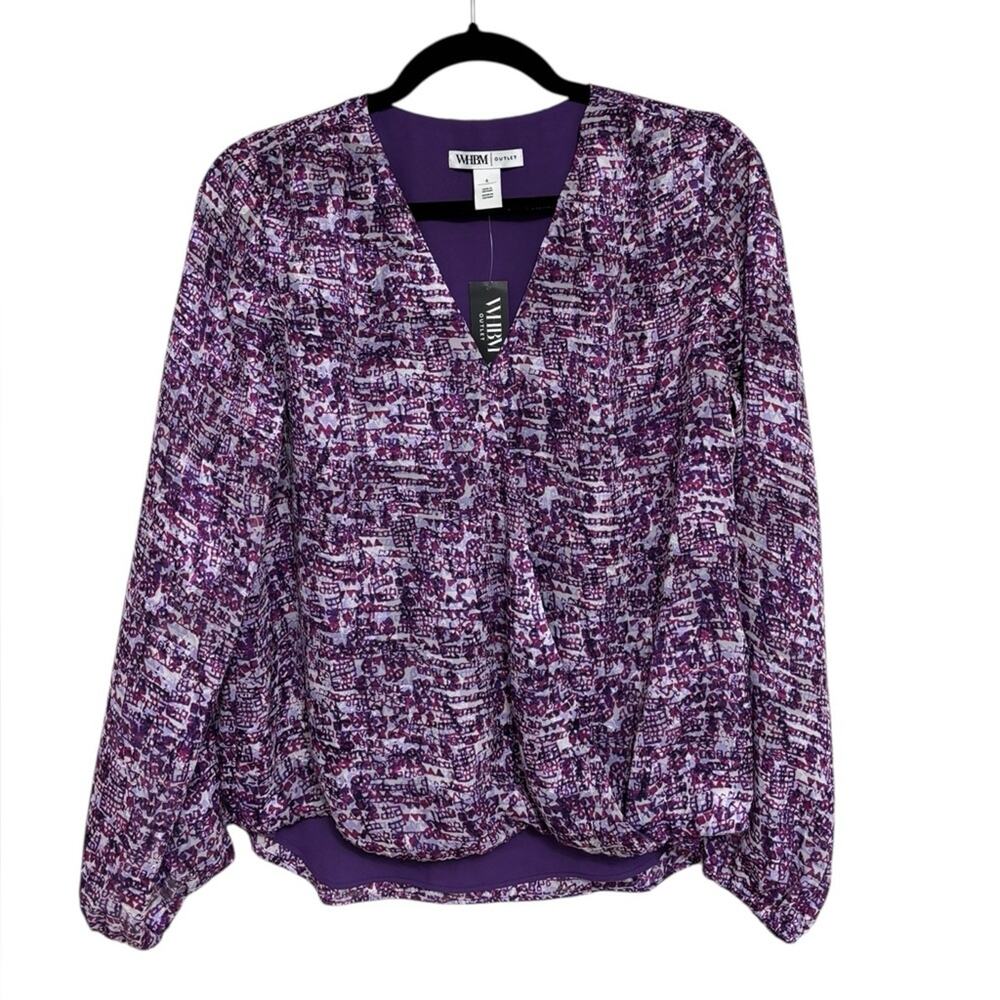 NEW WHBM Outlet Long Sleeve Burnout Surplice Blouse in Purple - Size 6